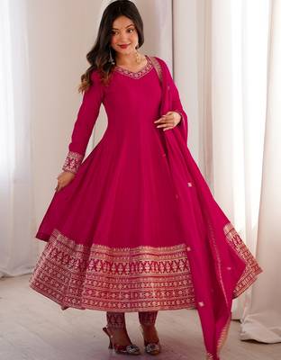 Rani pink vichitra silk full kali anarkali gown set with embroidered dupatta and pant 3
