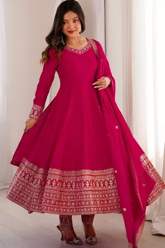 Rani pink vichitra silk full kali anarkali gown set with embroidered dupatta and pant