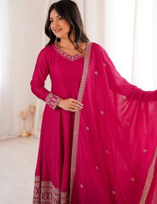 Rani pink vichitra silk full kali anarkali gown set with embroidered dupatta and pant 4
