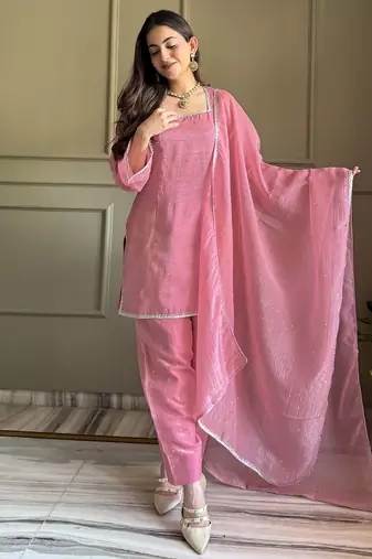 Pink crunchy silk kurta salwar set with swarovski crystal work and lace border dupatta