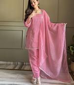 Pink crunchy silk kurta salwar set with swarovski crystal work and lace border dupatta