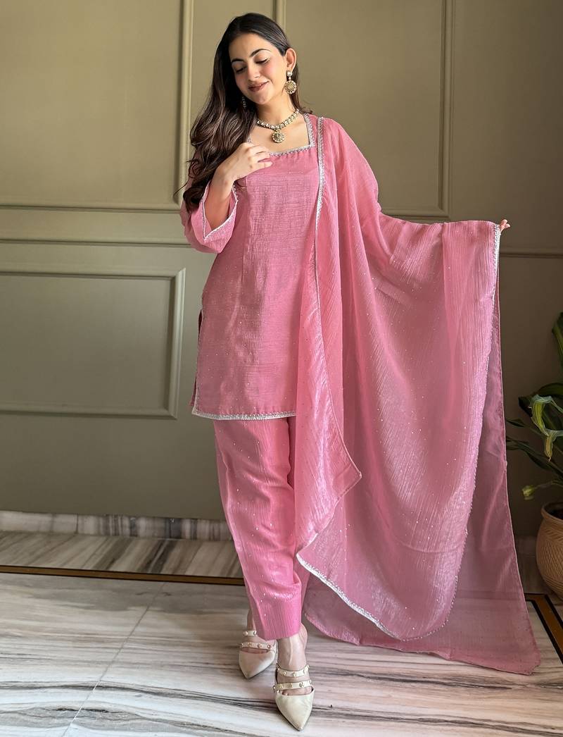 Pink crunchy silk kurta salwar set with swarovski crystal work and lace border dupatta