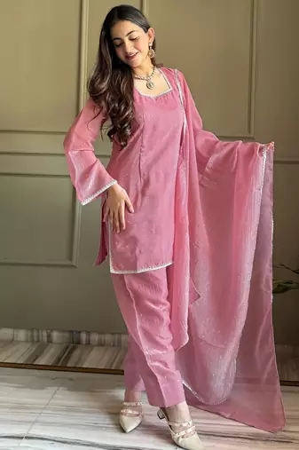 Pink crunchy silk kurta salwar set with swarovski crystal work and lace border dupatta