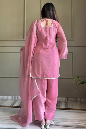 Pink crunchy silk kurta salwar set with swarovski crystal work and lace border dupatta