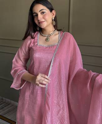 Pink crunchy silk kurta salwar set with swarovski crystal work and lace border dupatta 4