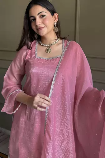 Pink crunchy silk kurta salwar set with swarovski crystal work and lace border dupatta