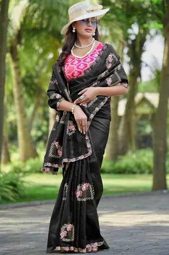 Black color pure papel silk heavy embroidery work wedding wear saree