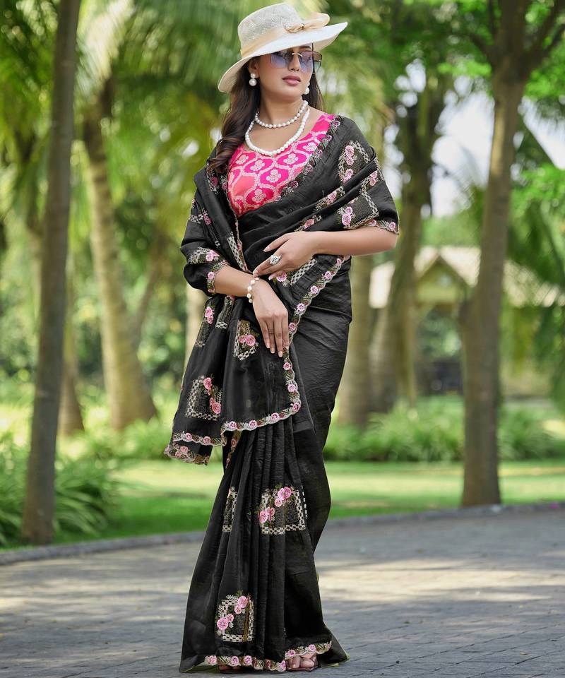 Black color pure papel silk heavy embroidery work wedding wear saree