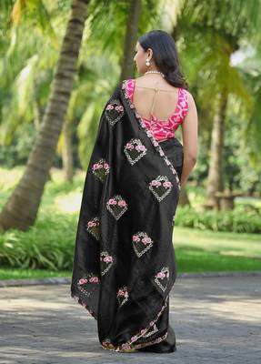 Black color pure papel silk heavy embroidery work wedding wear saree 2