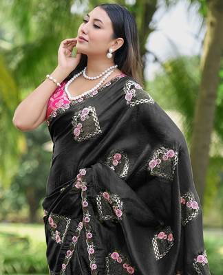 Black color pure papel silk heavy embroidery work wedding wear saree 3