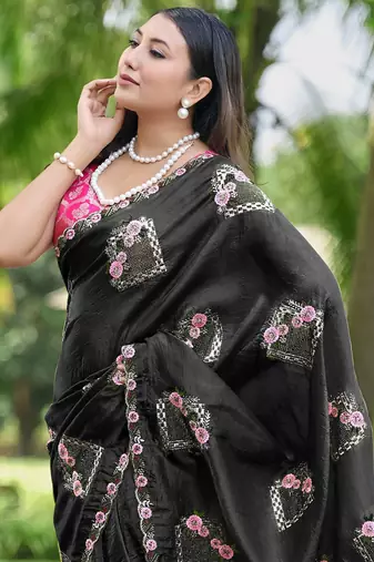 Black color pure papel silk heavy embroidery work wedding wear saree