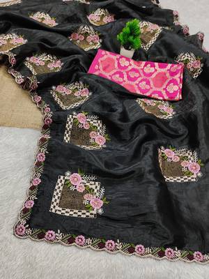 Black color pure papel silk heavy embroidery work wedding wear saree 4
