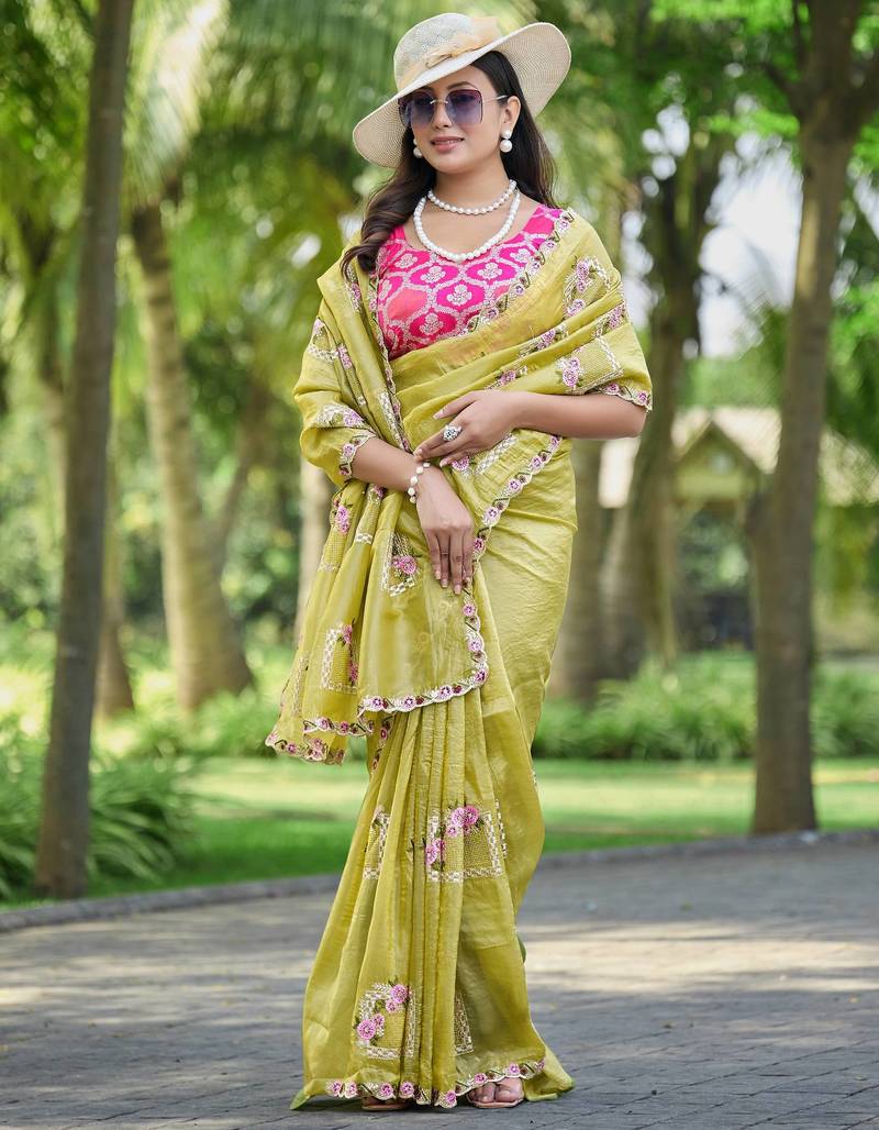 Olive color pure papel silk heavy embroidery work wedding wear saree