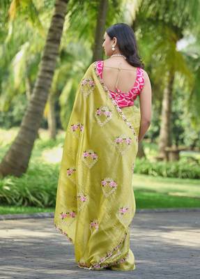 Olive color pure papel silk heavy embroidery work wedding wear saree 2