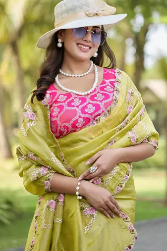 Olive color pure papel silk heavy embroidery work wedding wear saree