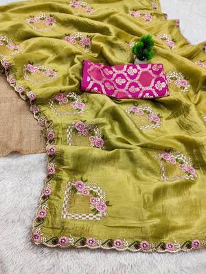 Olive color pure papel silk heavy embroidery work wedding wear saree 4
