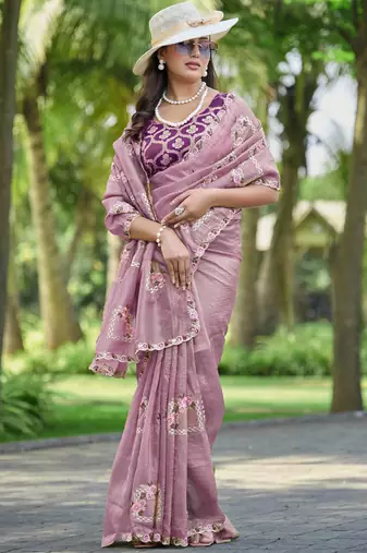 Onion color pure papel silk heavy embroidery work wedding wear saree