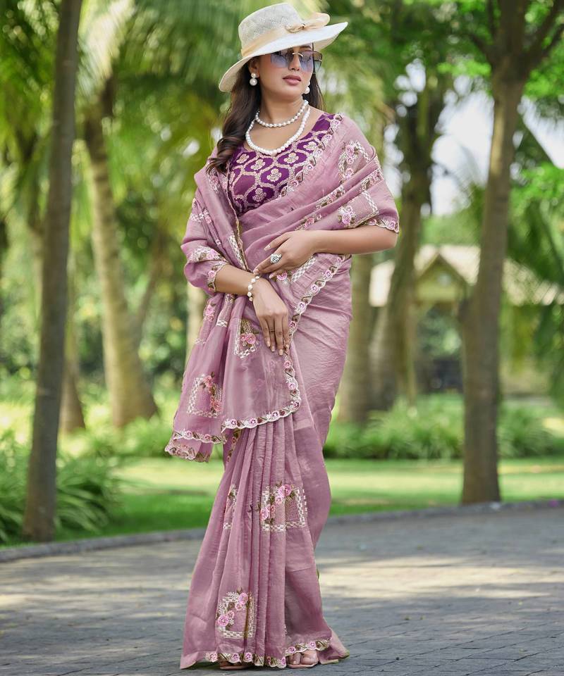 Onion color pure papel silk heavy embroidery work wedding wear saree