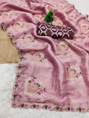 Onion color pure papel silk heavy embroidery work wedding wear saree 4