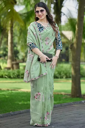 Pista color pure papel silk heavy embroidery work wedding wear saree