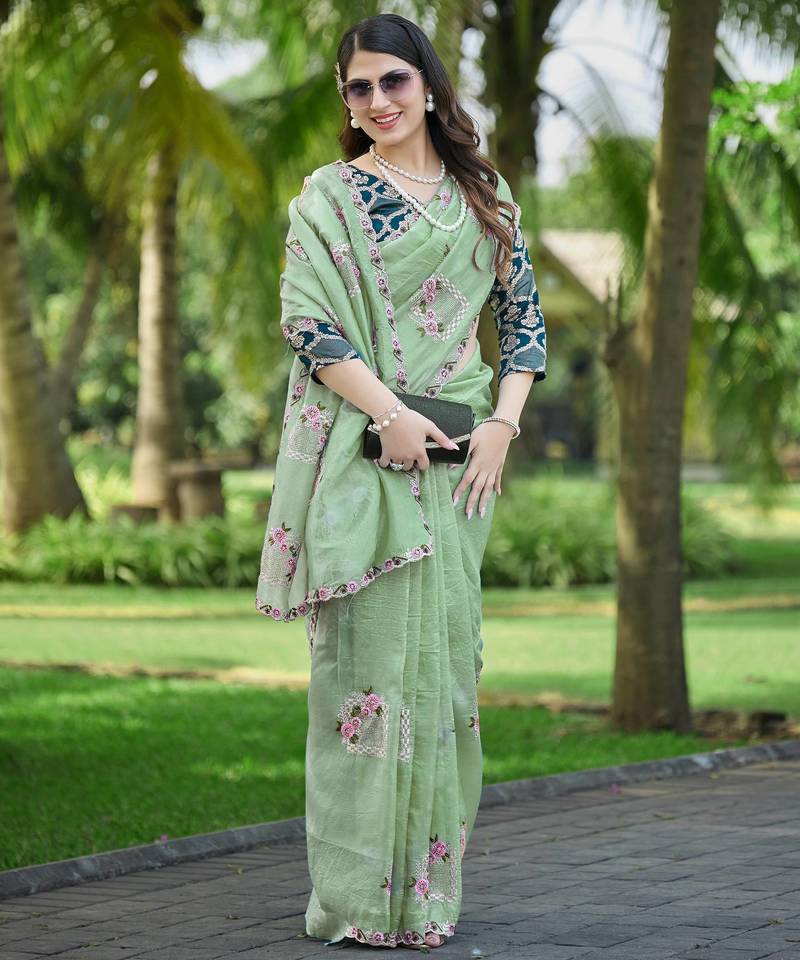 Pista color pure papel silk heavy embroidery work wedding wear saree