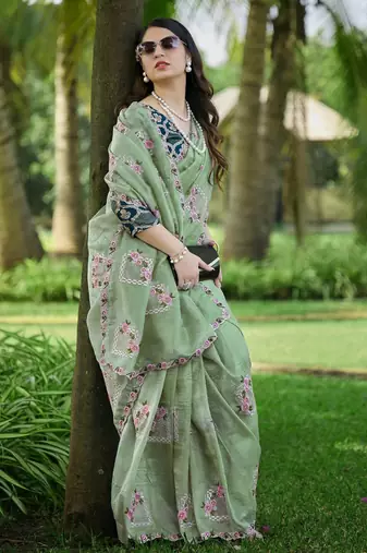 Pista color pure papel silk heavy embroidery work wedding wear saree