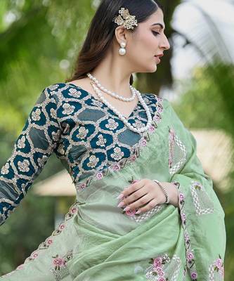 Pista color pure papel silk heavy embroidery work wedding wear saree 3
