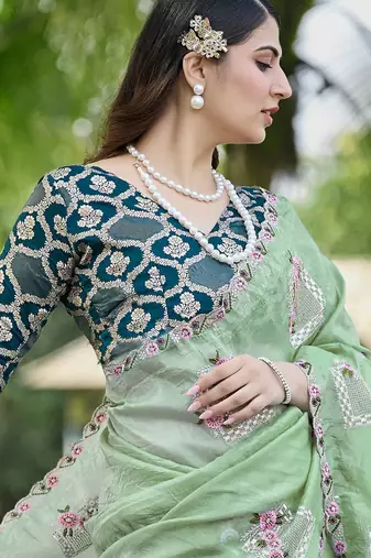 Pista color pure papel silk heavy embroidery work wedding wear saree