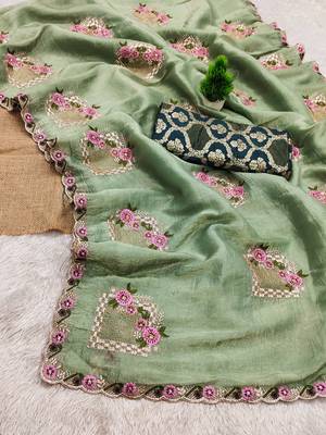 Pista color pure papel silk heavy embroidery work wedding wear saree 4