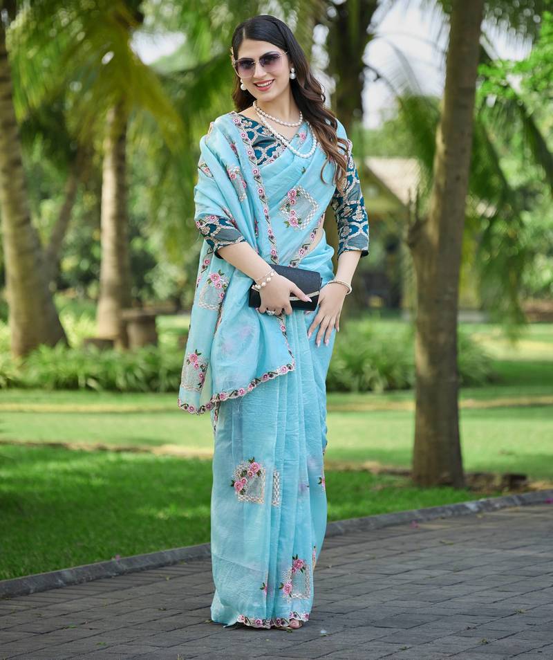 Sky color pure papel silk heavy embroidery work wedding wear saree