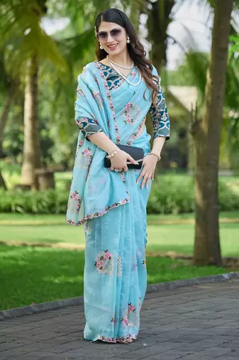 Sky color pure papel silk heavy embroidery work wedding wear saree