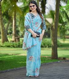 Sky color pure papel silk heavy embroidery work wedding wear saree