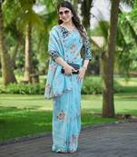 Sky color pure papel silk heavy embroidery work wedding wear saree