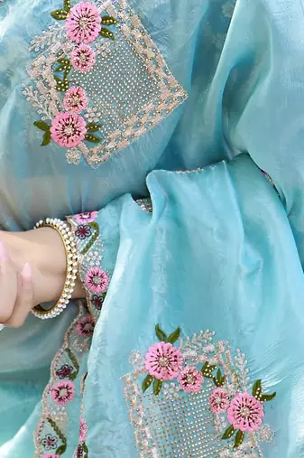 Sky color pure papel silk heavy embroidery work wedding wear saree