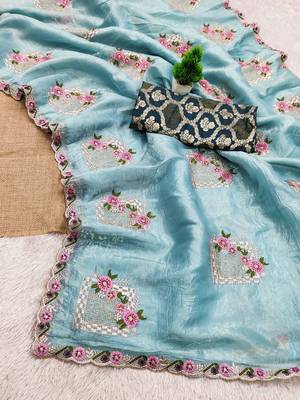 Sky color pure papel silk heavy embroidery work wedding wear saree 4