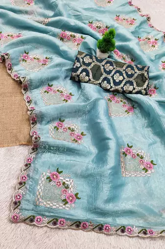 Sky color pure papel silk heavy embroidery work wedding wear saree