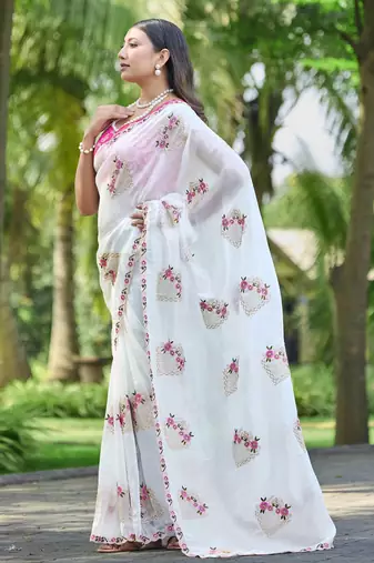 White color pure papel silk heavy embroidery work wedding wear saree