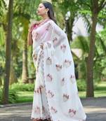 White color pure papel silk heavy embroidery work wedding wear saree