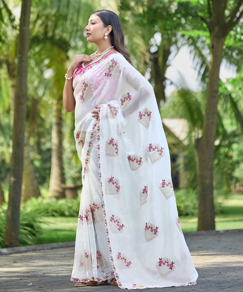 White color pure papel silk heavy embroidery work wedding wear saree