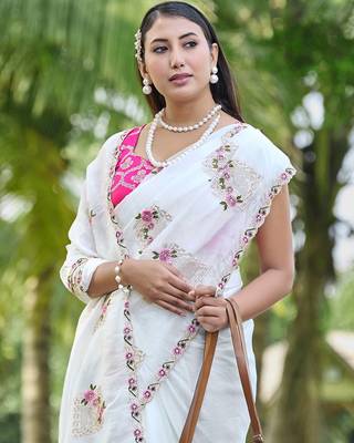 White color pure papel silk heavy embroidery work wedding wear saree 2