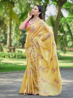 Yellow color pure papel silk heavy embroidery work wedding wear saree 1
