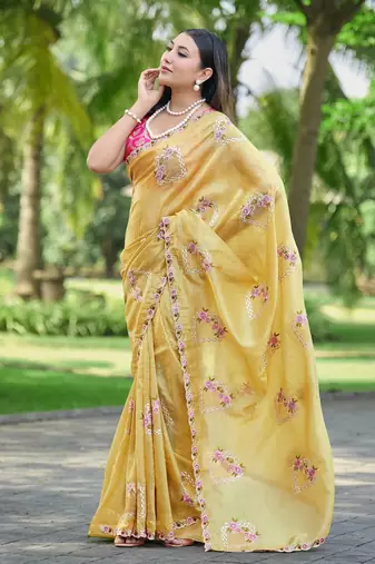 Yellow color pure papel silk heavy embroidery work wedding wear saree