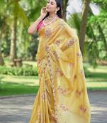Yellow color pure papel silk heavy embroidery work wedding wear saree