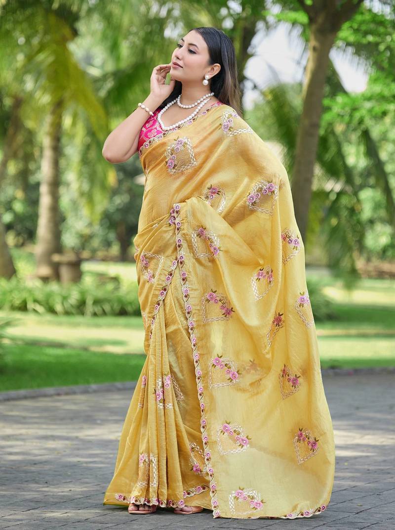 Yellow color pure papel silk heavy embroidery work wedding wear saree
