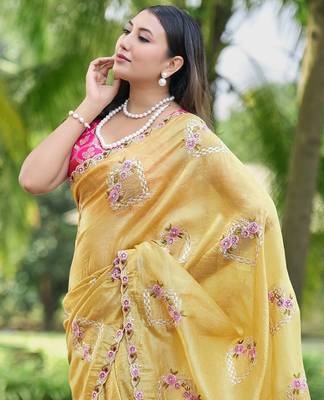 Yellow color pure papel silk heavy embroidery work wedding wear saree 2