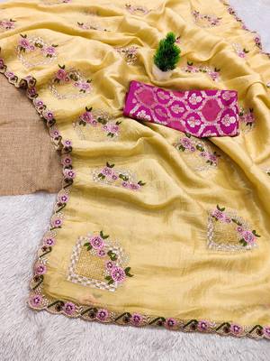 Yellow color pure papel silk heavy embroidery work wedding wear saree 3