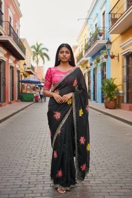 Black rangoli silk embroidery work party wear designer saree 1