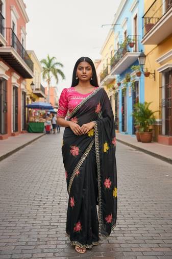 Black rangoli silk embroidery work party wear designer saree