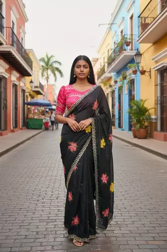 Black rangoli silk embroidery work party wear designer saree