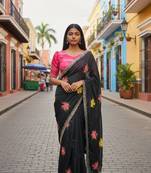 Black rangoli silk embroidery work party wear designer saree